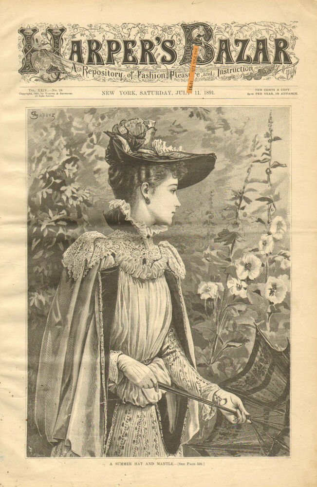 1891 A Summer Hat And Mantle, Garden, Hollyhocks, Vintage, 1891 Antique Art Print.jpg